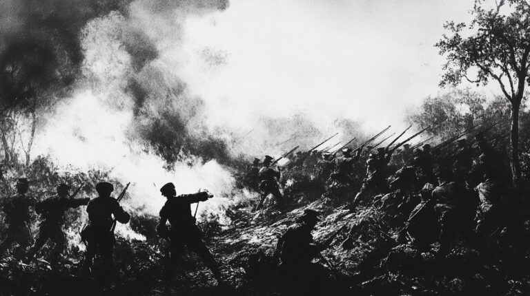 Black and white image depicting soldiers in intense combat amidst smoke and flames on a battlefield, with bayonets raised