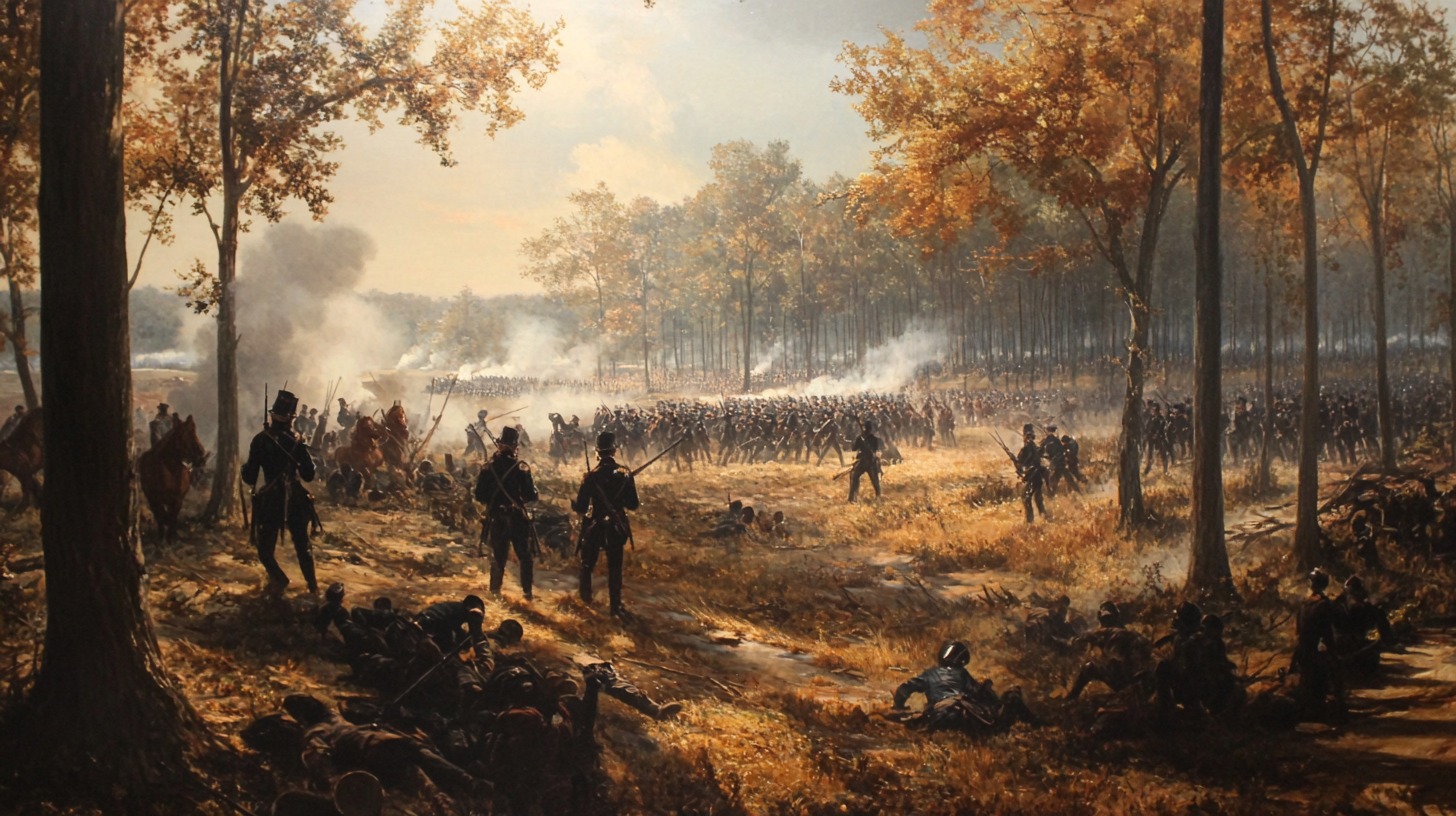 Depiction of a historical battlefield with soldiers in formation and smoke rising from cannon fire, surrounded by autumn trees.