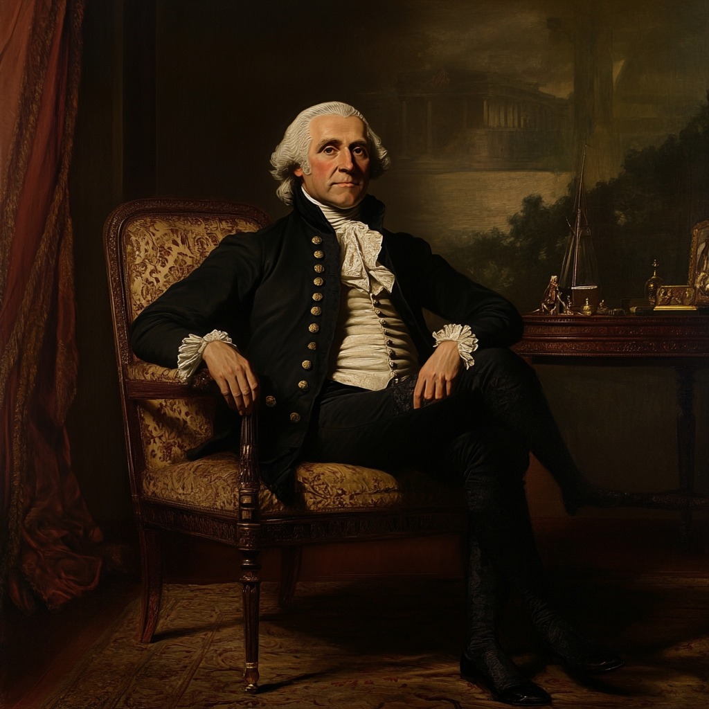 Portrait of George Washington seated in an elegant chair, wearing formal 18th-century attire with a thoughtful expression