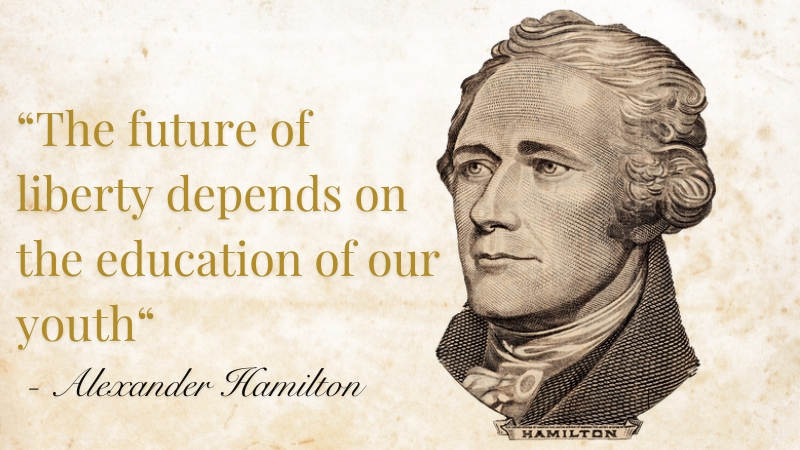 The image shows a portrait of Alexander Hamilton with the quote