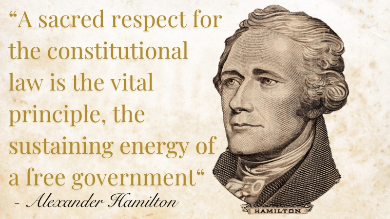 A portrait of Alexander Hamilton with his famous quote