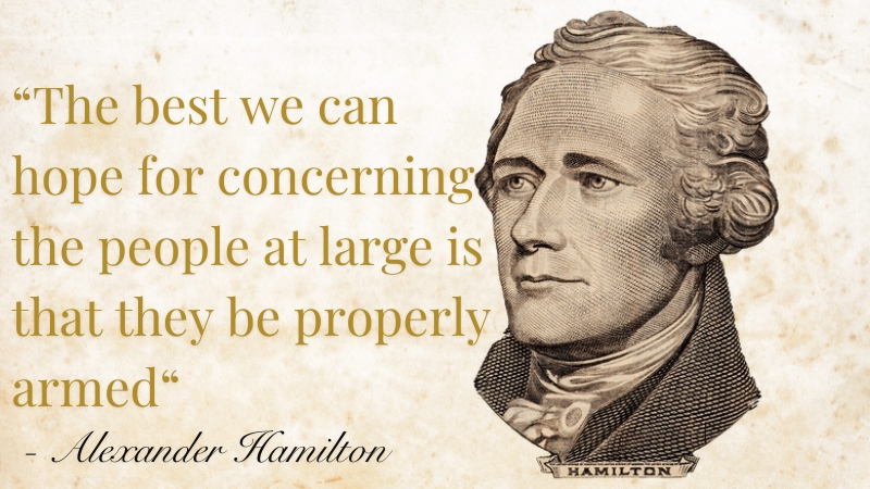 The image shows a portrait of Alexander Hamilton with the quote